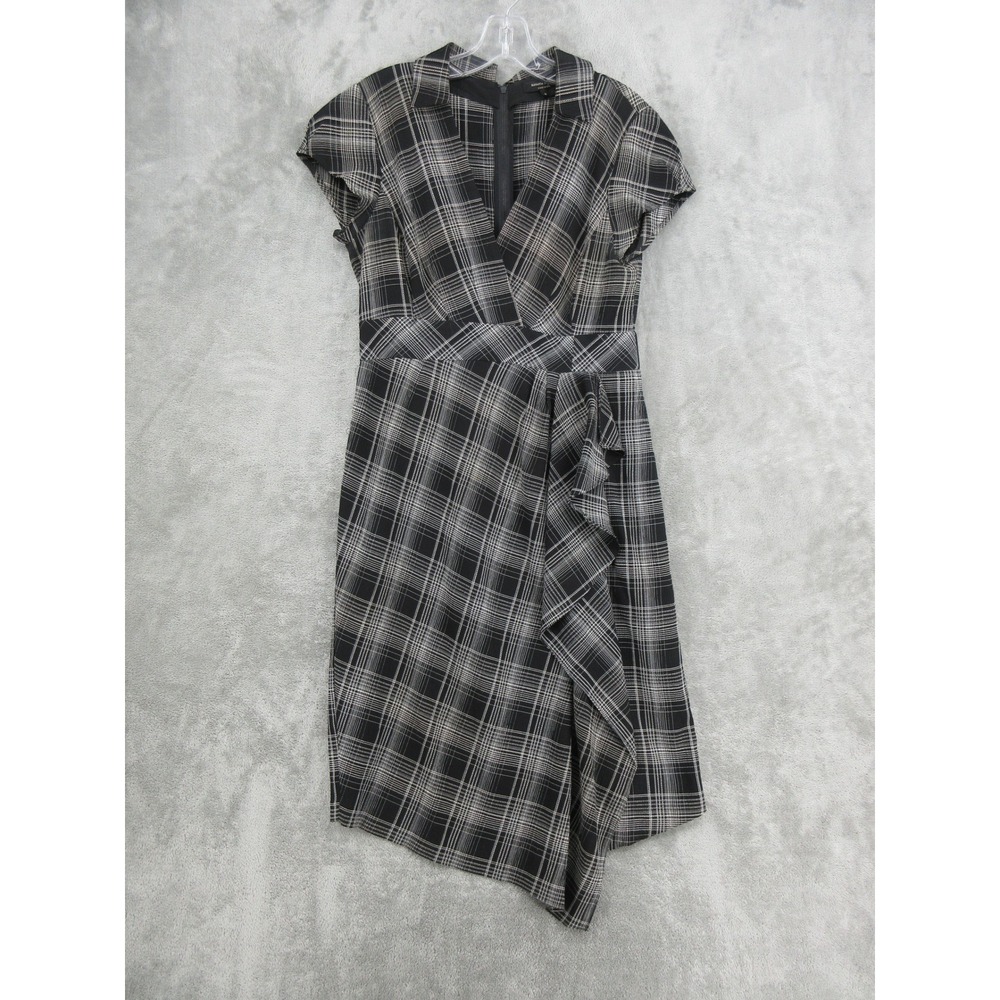 Nanette Lepore Dress Womens Size 10 Black Plaid Ruffle Asymmetric Preppy Sheath